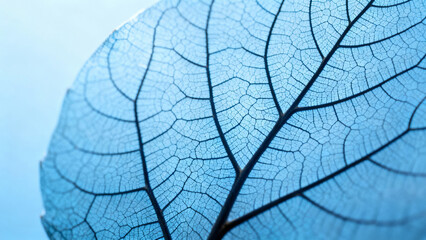 Obraz premium Close-up of delicate leaf veins resembling a natural network on a soft blue background. gardening catalogs, home-decor guides, designed for home decor and floral branding.