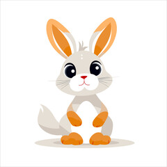 Super cute sitting cartoon rabbit character with big dark eyes and orange paws. Simple flat vector illustration, kawaii style, perfect for easter designs, isolated on white background