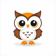 Adorable sitting owl mascot with huge expressive eyes. Simple flat design vector illustration, cute kawaii style, brown and orange color palette, perfect for educational icons, isolated on white