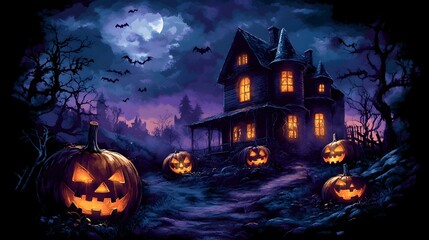 Creepy haunted house with glowing pumpkins and full moon at night