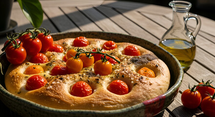 Delicious focaccia bread with fresh cherry tomatoes and olive oil on a wooden table