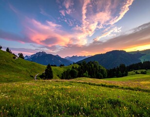 A vibrant sunset bathes a mountain scene in warm hues. Rolling green hills meet a range of distant peaks under a colorful, cloud-filled sky