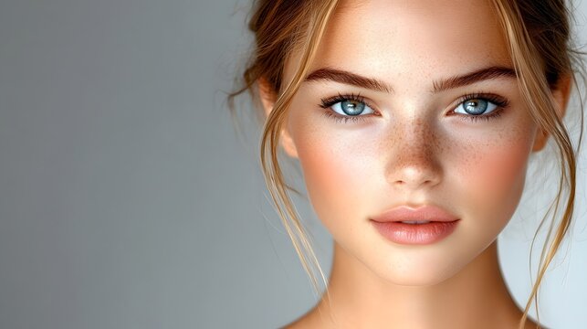 Beautiful young woman with blue eyes and natural makeup posing against a soft background - Powered by Adobe