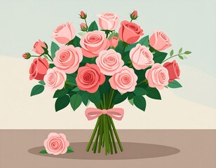 A vibrant illustration of a lush bouquet featuring numerous pink and rose-colored roses, accented by green leaves, tied with a pink bow