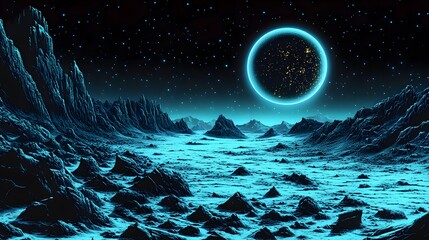Stunning cosmic landscape featuring glowing celestial body and rugged lunar terrain