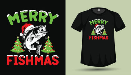 Merry Fishmas T-Shirt Design with Jumping Bass Fish Wearing Santa Hat and Christmas Trees