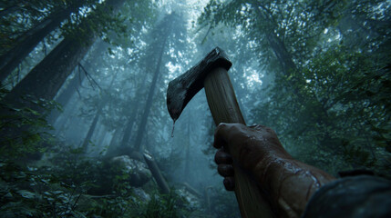 Chopping wood with an axe in a misty forest adventure scene nature exploration atmospheric viewpoint