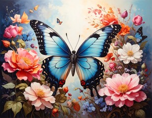 A vibrant illustration of a majestic butterfly with bright blue wings surrounded by colorful blooming flowers