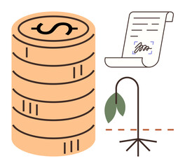 Stacked coins imply money, a signed contract implies agreements, and a wilting plant signals economic decline. Ideal for finance, risk, bankruptcy, economy, debt contracts investment themes. A