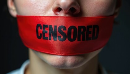 Illustration of a person with mouth covered by red ribbon. The ribbon has the word CENSORED. The photo symbolizes censorship free speech suppression political protest.