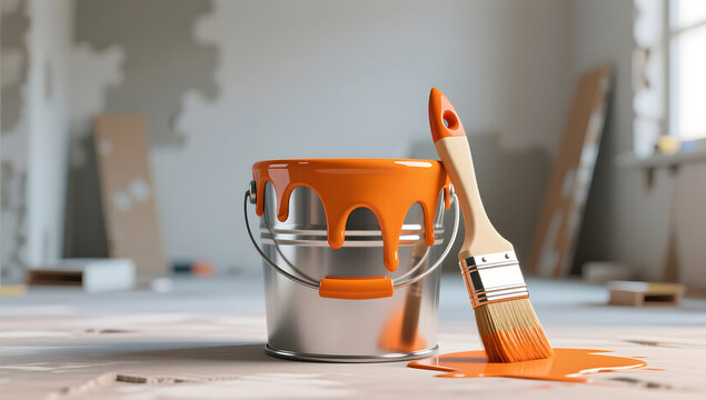 3D render of orange paint bucket with brush in interior renovation scene