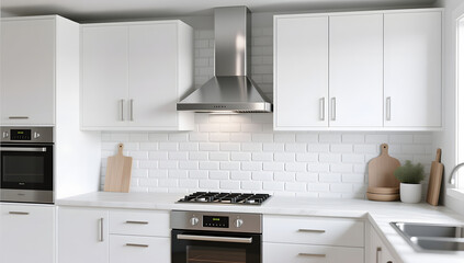 Fototapeta premium Creative modern minimalist interior kitchen design comfortably decorated 3D background