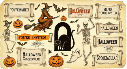 Spooky Halloween party invitations featuring a witch flying on broom, skeletons, pumpkins, black cat, ghost, bats, and cobwebs ready for your festive event!