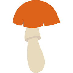 Illustration of a simple orange cap mushroom with a white stem on a transparent background symbolizing nature and autumn foraging in a flat design style