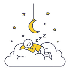 Stick figure sleeping on a cloud with moon and stars minimalist vector illustration for relaxation and bedtime concepts isolated on white background