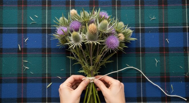 St. andrew's day celebration with thistle bouquet on tartan background for festive decor