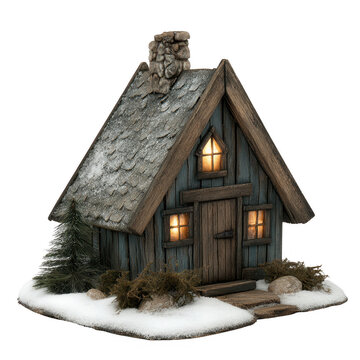 Cozy Woodland Cabin with Stone Chimney and Snowy Surroundings isolated on transparent background.