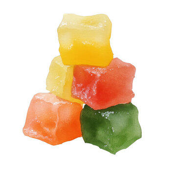 Vibrant Stacked Fruit Jelly Cubes in Bright Colors for Dessert isolated on transparent background.