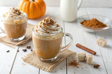 Latte in a glass mug topped with whipped cream on wooden table
