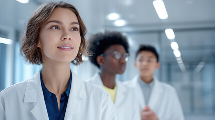 Confident female scientist in white lab coat stands in modern laboratory with diverse students, inspiring teamwork and curiosity