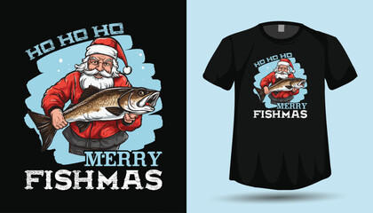 Ho Ho Ho Merry Fishmas T-Shirt Design with Santa Claus Holding a Huge Trophy Fish