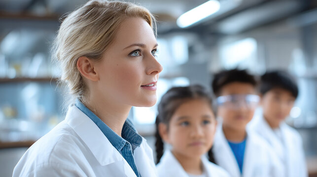 Female scientist teaching young students in laboratory, science education, teamwork, curiosity, modern classroom, inspiring learning