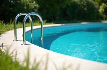 Naklejka premium Photo shows pool with clear water and steel ladder. Green grass grows around. Summer day, relaxing vibe, vacation concept. Swimming pool in the sunlight.