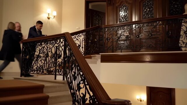 A man in a suit leaning on ornate railing of a grand staircase, near a double door and sconces