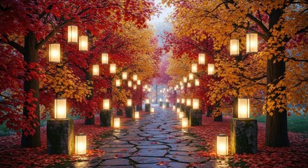 Autumn lantern pathway celebration for st. martin’s day with vibrant foliage and illuminated lanterns