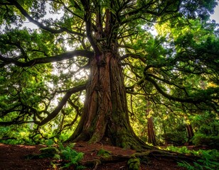 Fototapeta premium A massive, ancient tree with a lush canopy bathed in sunlight