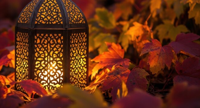 Autumn lantern scene for st. martin's day celebration design featuring warm glowing light and colorful leaves - Powered by Adobe