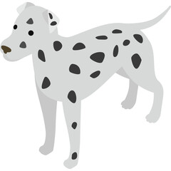 A light grey Dalmatian dog with black spots stands on all four legs facing left against a transparent background illustration