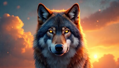 Close up illustration of a majestic wolf with glowing gold eyes. Animal face against a colorful sunset sky. Wild predator looks intense, powerful. Nature concept, mystical scene with canine.