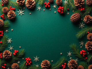 Christmas Pinecone and Red Berry Border on Green Background with Snowflakes