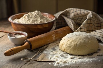 Fototapeta premium Rising bread dough beside rolling pin and flour on a wooden surface