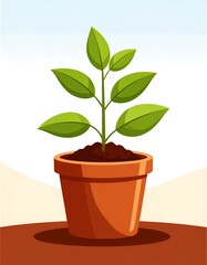 A vibrant illustration of a young plant with several green leaves growing out of soil in a terracotta pot. The background is simple