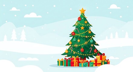 Naklejka premium Festive decorated christmas tree adorned with ornaments and lights surrounded by gift boxes in a snowy winter landscape