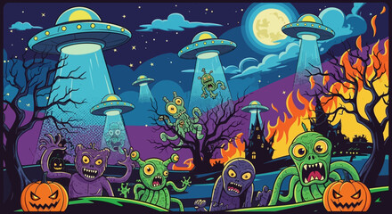 Spooky alien invasion with UFOs, monsters, and fiery haunted houses creates a vibrant Halloween scene under a full moon