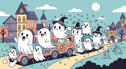 Whimsical Halloween parade features adorable ghosts joyfully riding in a vintage truck through a charming town under a full moon.