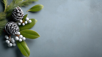 Frosted pine cone green leaf white berry winter decoration minimal background holiday nature festive copy space