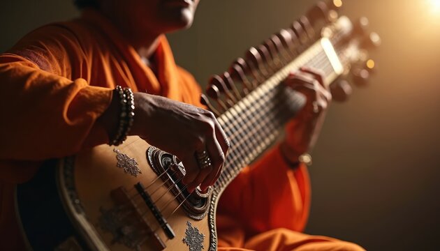 Indian musician plays sitar with skill. Soft light and shadow create atmosphere. Focused player details the traditional instrument. Classical Indian music performance.