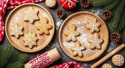 Overhead view of homemade gingerbread cookies decorated with white icing on wooden plates, surrounded by festive Christmas decorations.