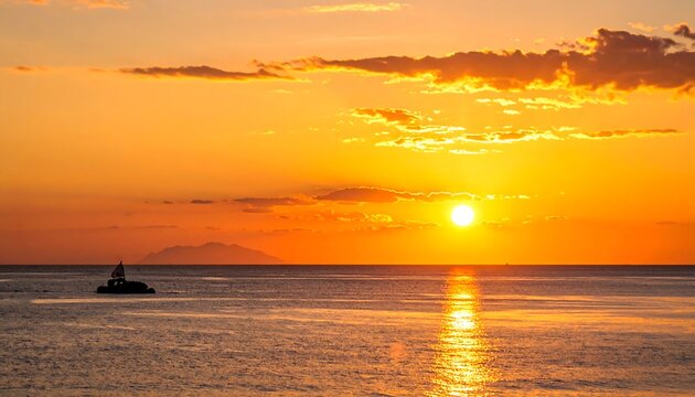 A vibrant sunset bathes the ocean in warm hues. A sailboat drifts across the water, with an island in the distant horizon