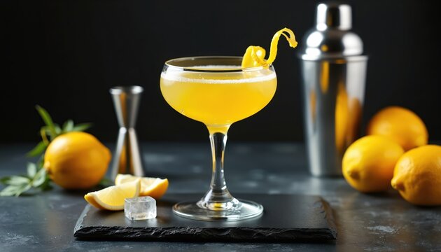 A refreshing yellow cocktail with lemon twist sits on a dark slate. Lemons, ice cubes and cocktail shaker nearby. Barware and fresh citrus fruits suggest preparation for mixology and drinks.