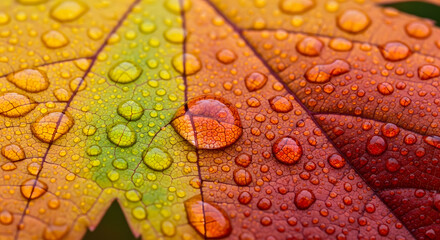 Fototapeta premium Stunning autumn leaf glistening with dew drops, vibrant fall colors in macro detail showcasing nature's beauty, perfect for seasonal designs