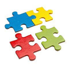 Obraz premium Four colorful puzzle pieces, red, blue, yellow, and green, isolated on transparent background