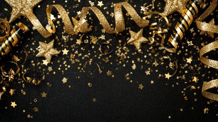 Glittery gold star and streamer border with festive new year’s eve decorations and noisemakers on black background, top-down holiday celebration layout