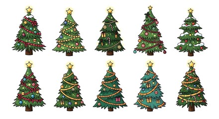Fototapeta premium Collection of ten beautifully decorated christmas trees in various styles and sizes ready for holiday celebrations