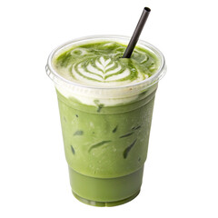 Iced matcha latte with foam art in a clear plastic cup isolated on transparent background
