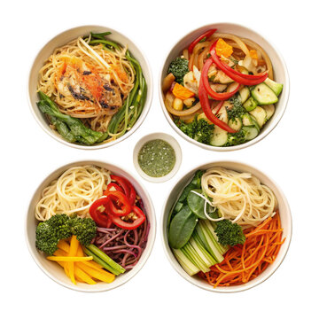 Four bowls of noodles and vegetables, isolated on transparent background